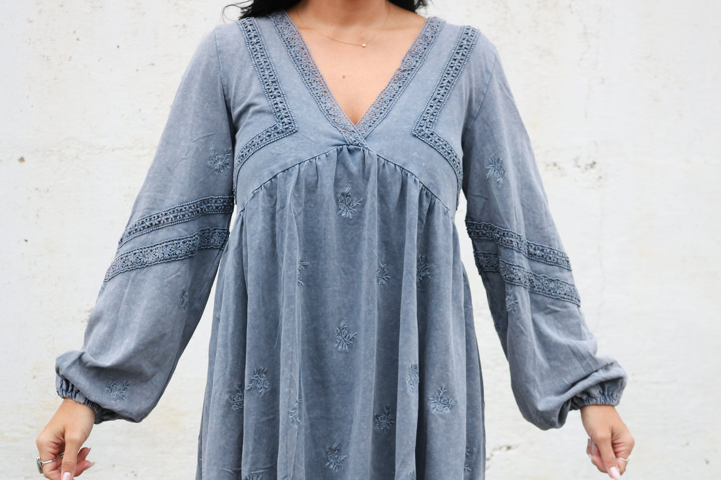 Blue Lace Embroidered Mini Dress