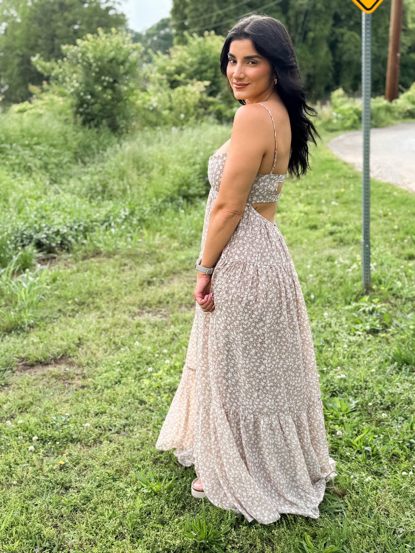 Soft Brown Floral Open Back Maxi