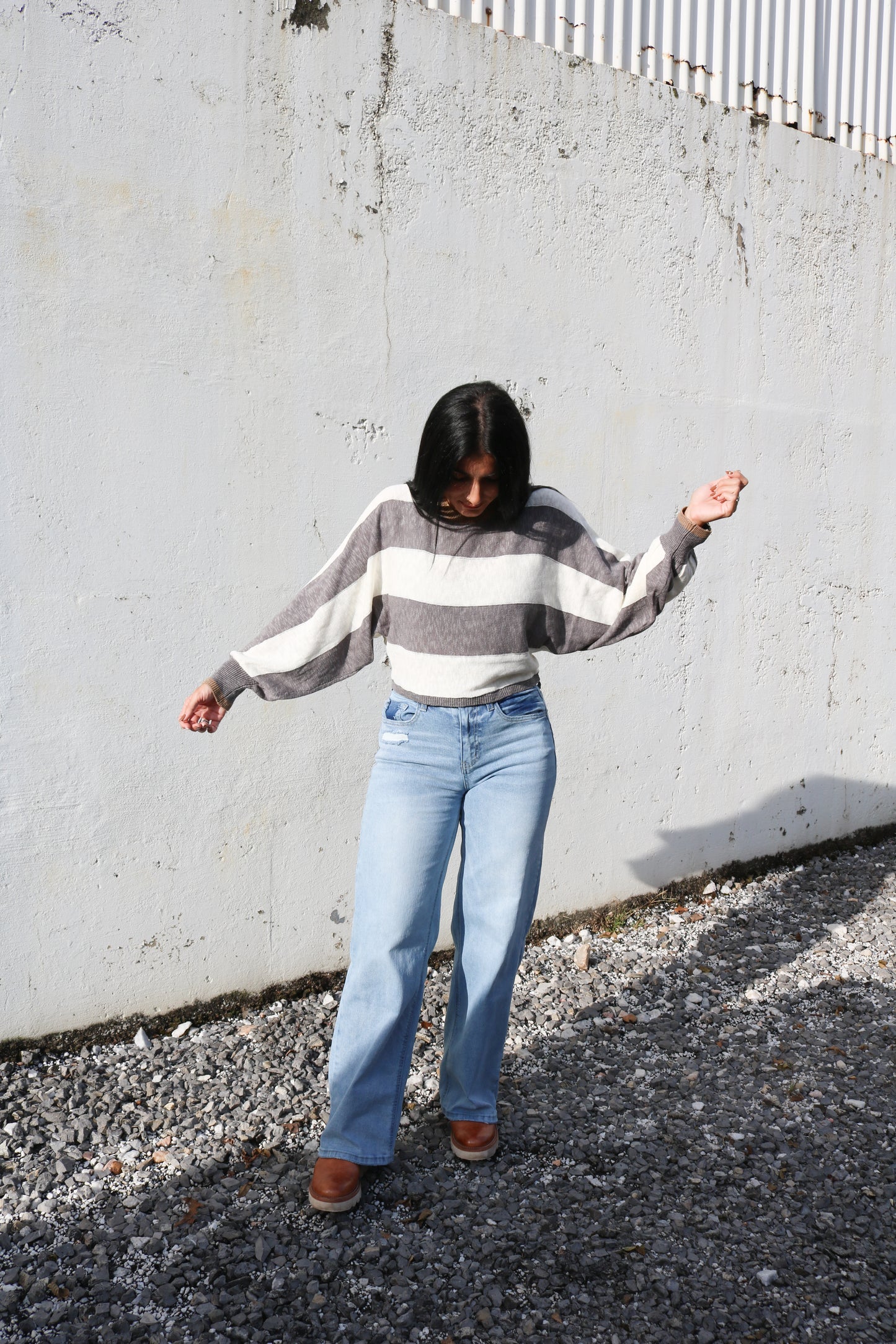 Gray & Cream Dolman Sleeve Knit Top