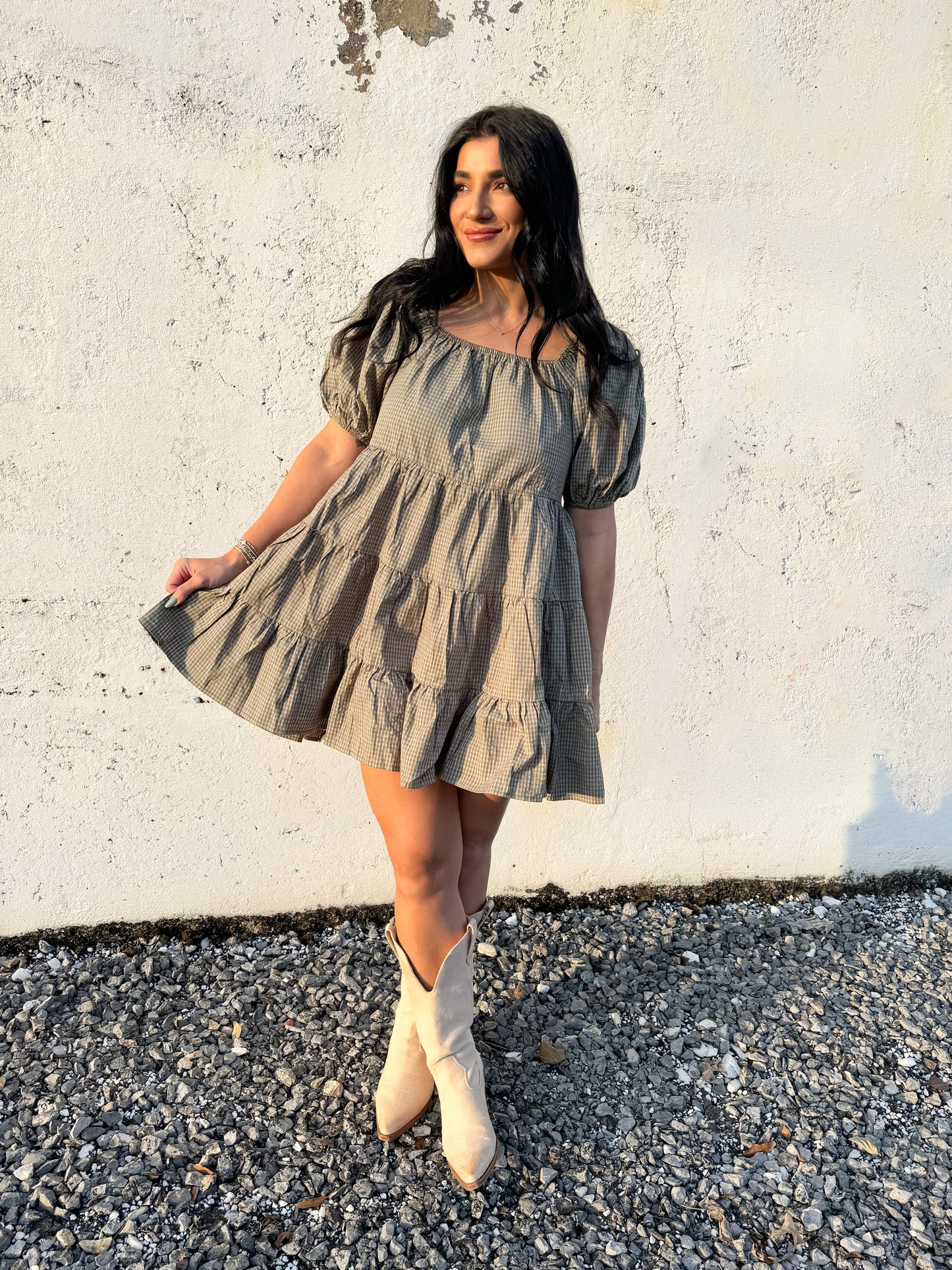 Olive Gingham Puff Sleeve Mini Dress