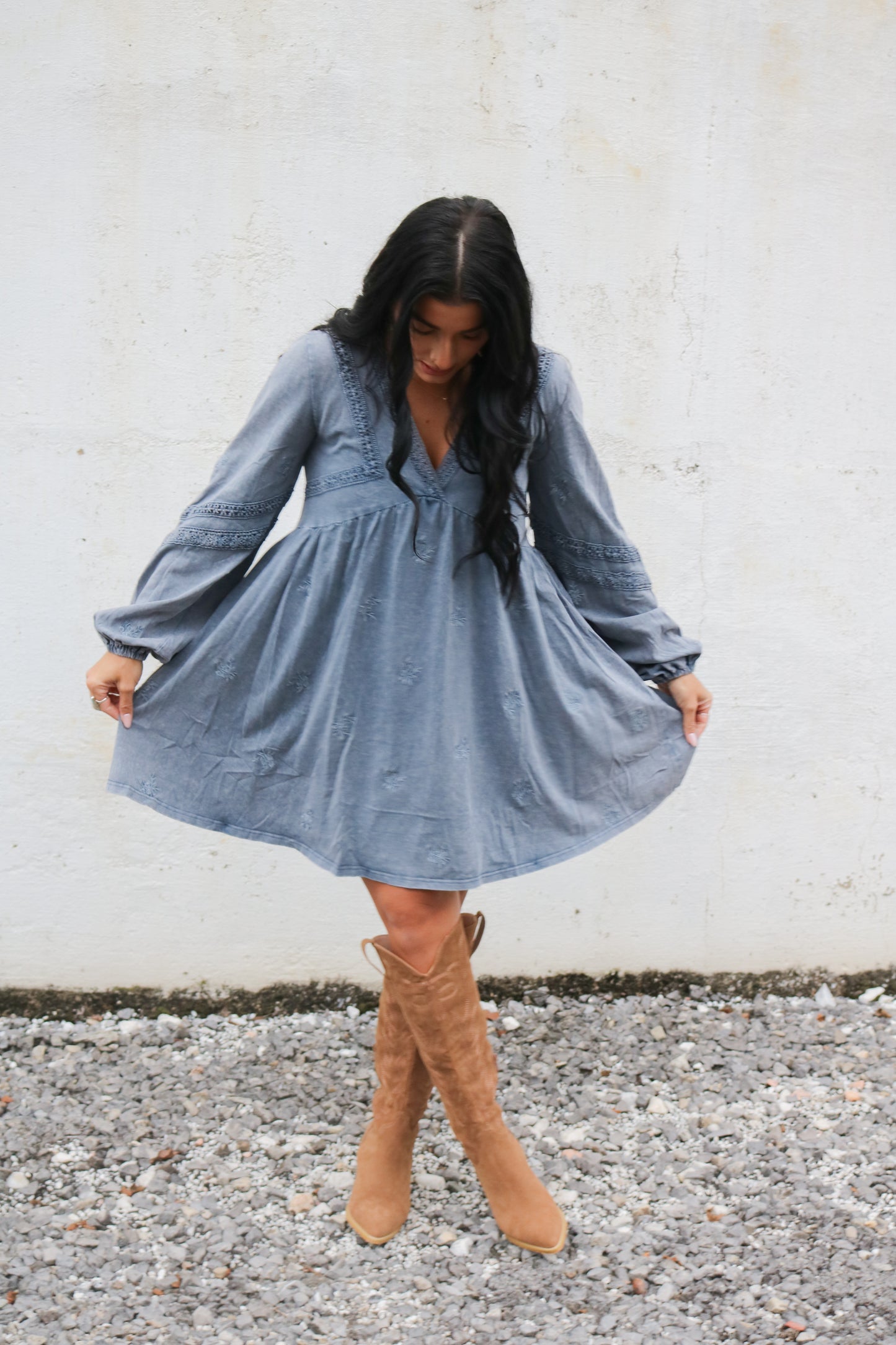 Blue Lace Embroidered Mini Dress