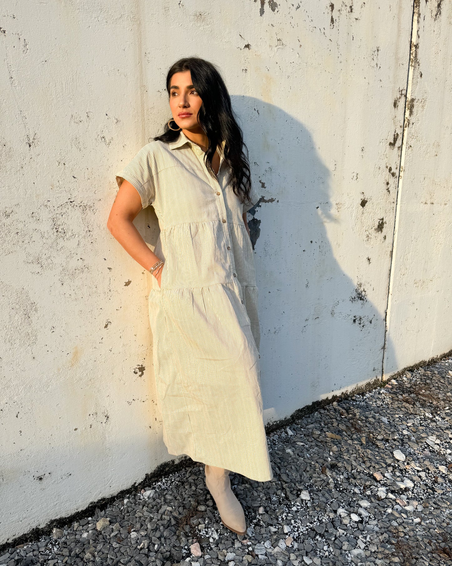 Striped Corduroy Button-Down Midi Dress
