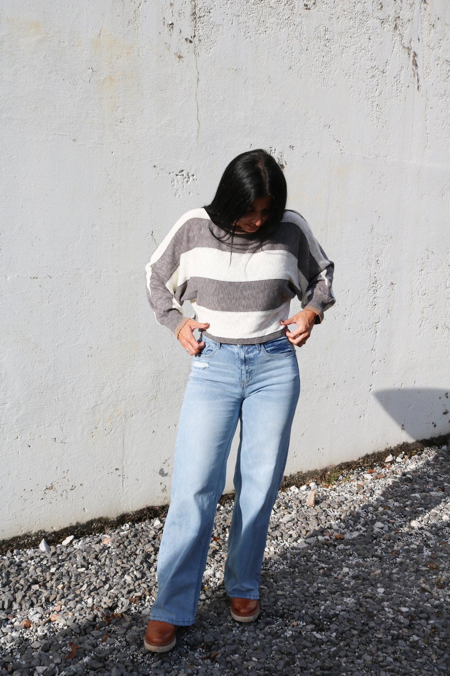 Gray & Cream Dolman Sleeve Knit Top