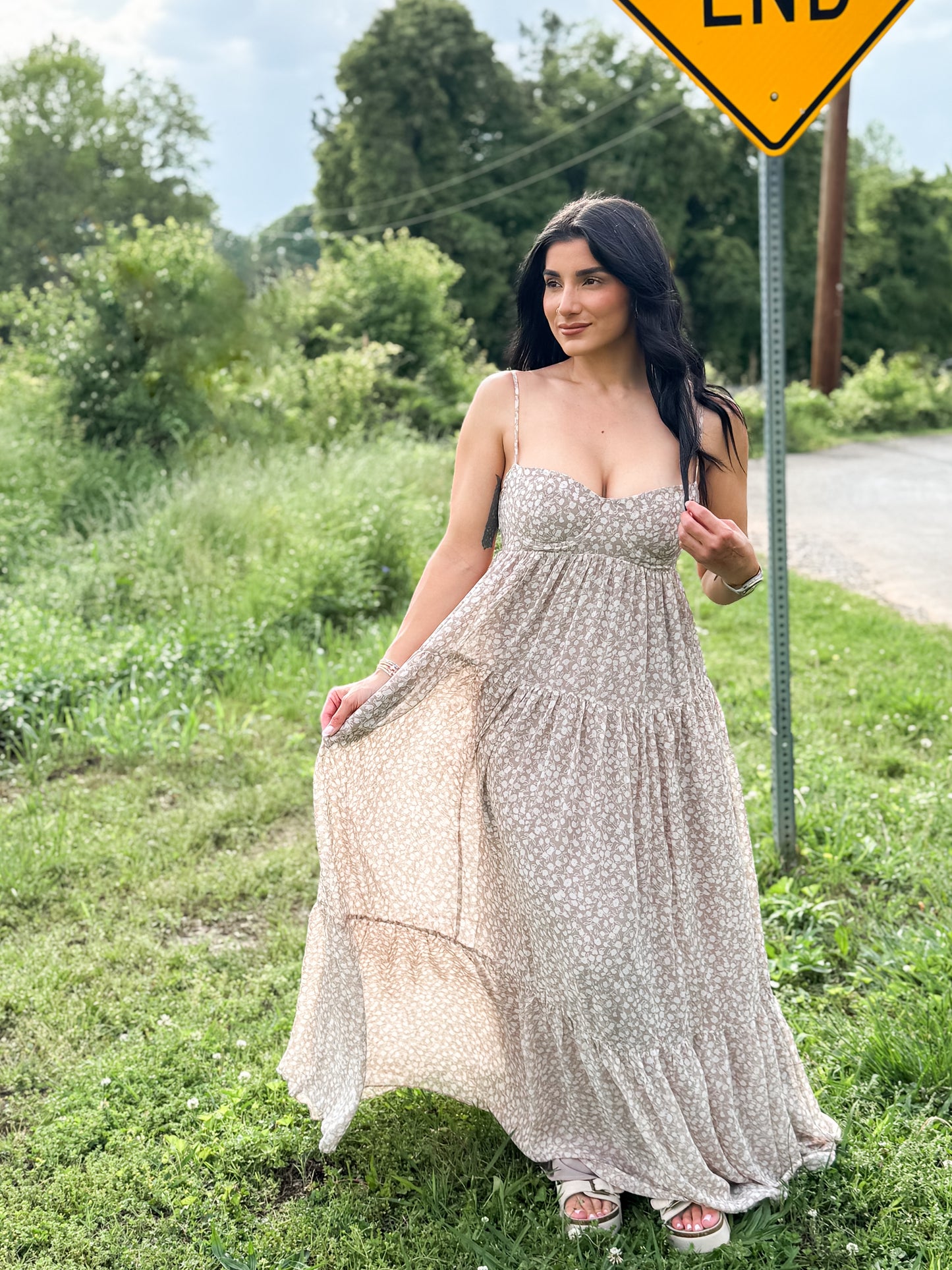 Soft Brown Floral Open Back Maxi