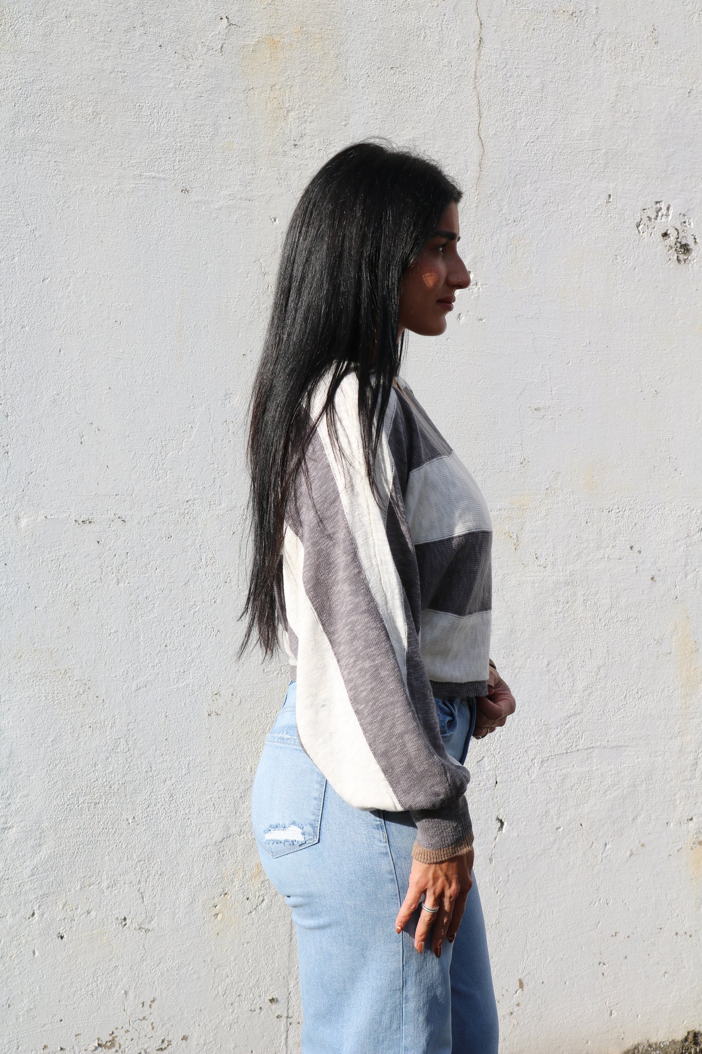 Gray & Cream Dolman Sleeve Knit Top