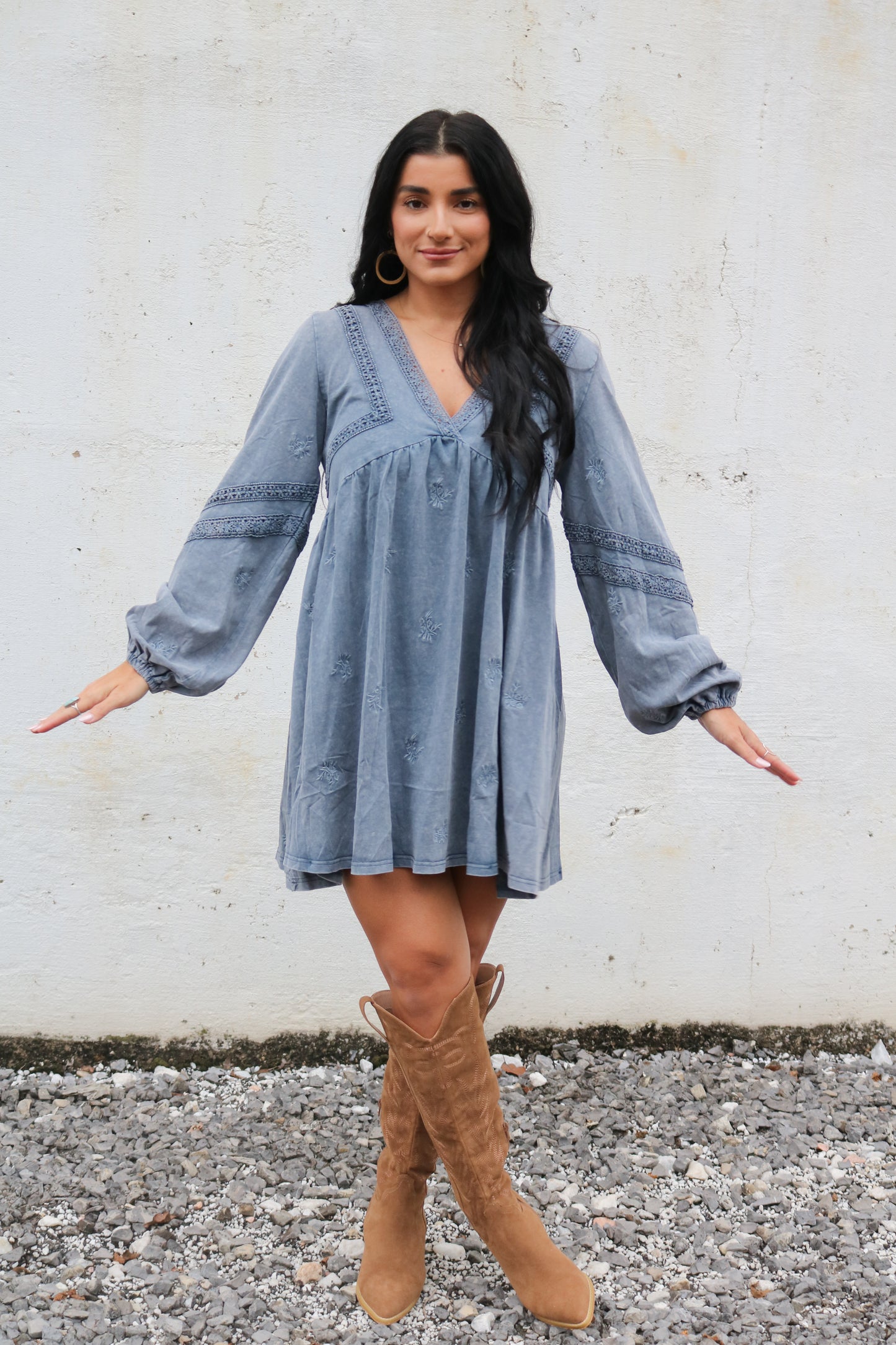 Blue Lace Embroidered Mini Dress