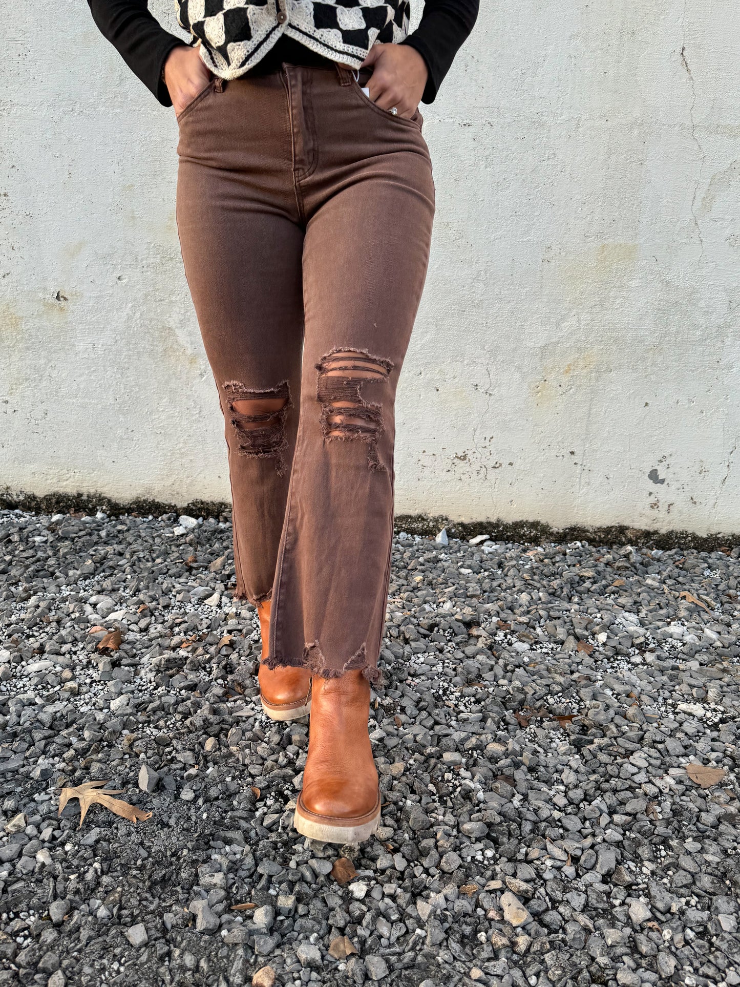Brown High Rise Distressed Pants
