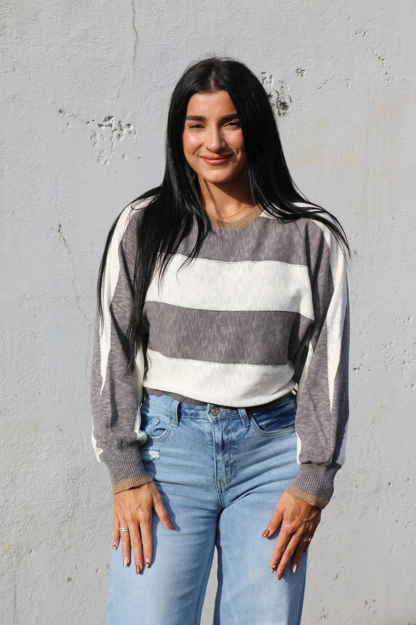 Gray & Cream Dolman Sleeve Knit Top