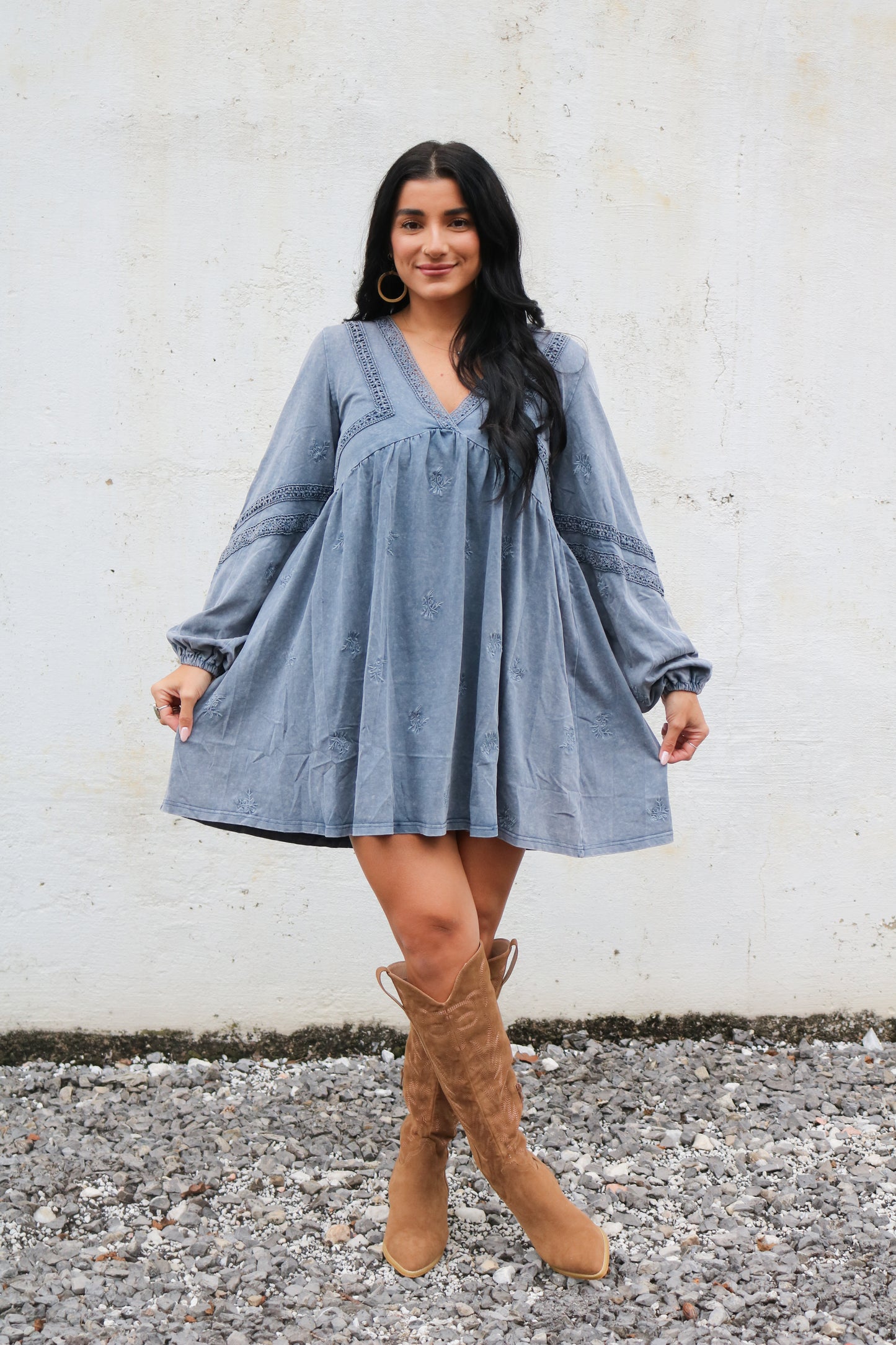 Blue Lace Embroidered Mini Dress