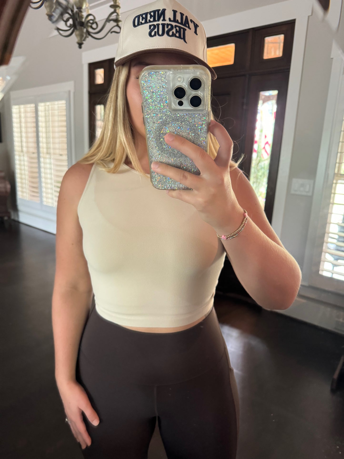 Cream High Neck Ribbed Tank