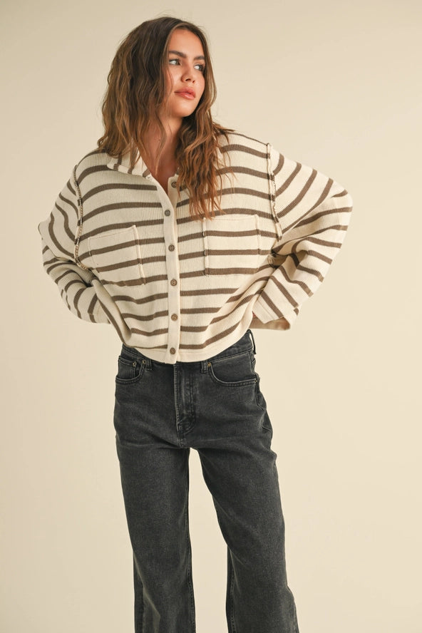 Stripe Pattern Button Front Knitted Cardigan