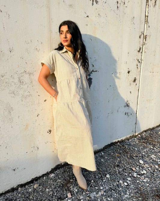 Striped Corduroy Button-Down Midi Dress