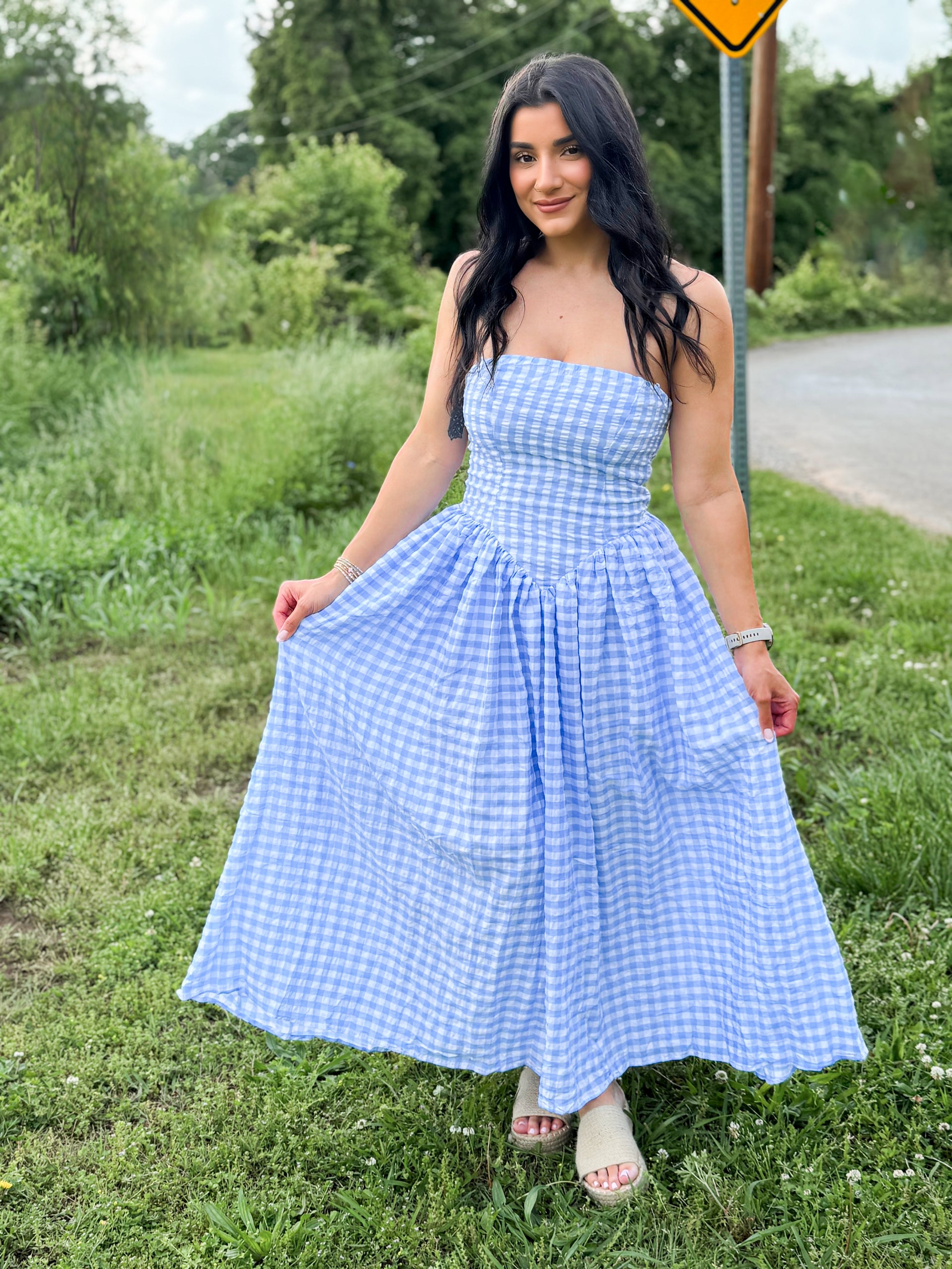 blu pepper gingham dress Blu Pepper Gingham Square Neck Tie Front Midi Dress, Womens, Juniors, L, Olive