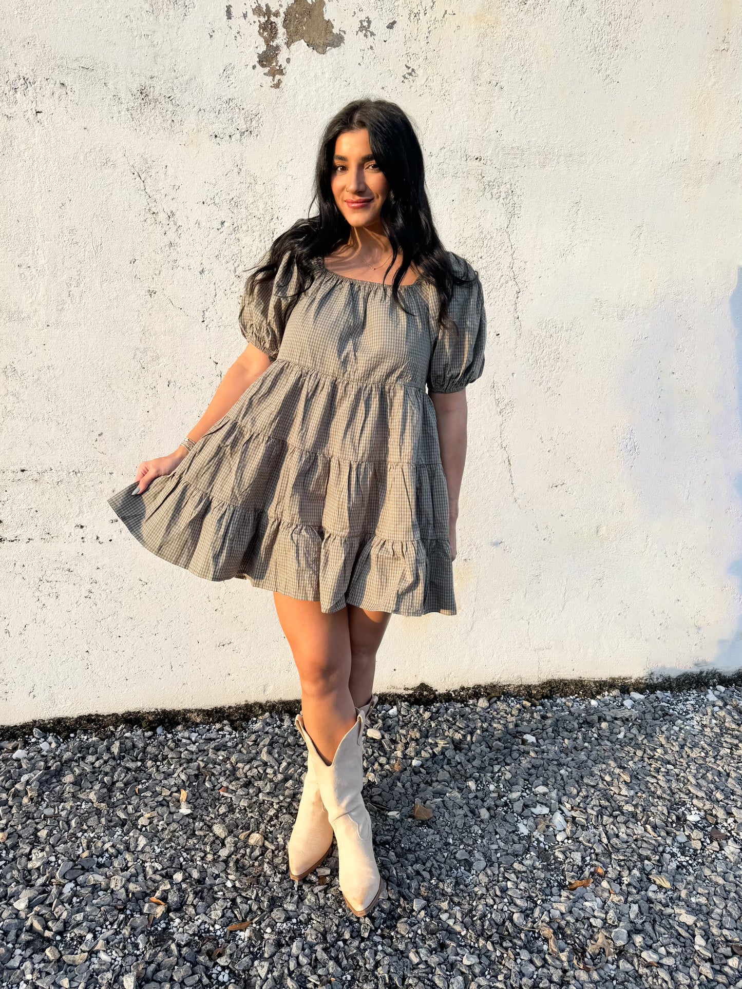 Olive Gingham Puff Sleeve Mini Dress