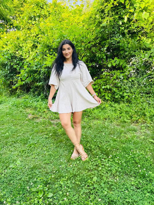 Beige Button Back Romper