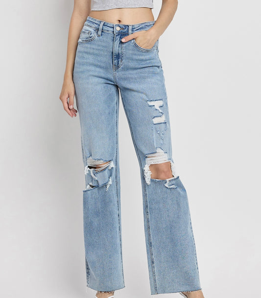 Distressed High Rise Flare Jean