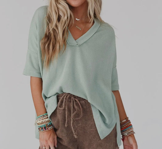 Sage V Neck Ribbed Tee